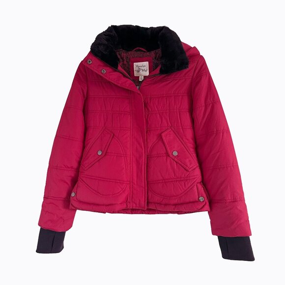 Red Quilted Puffer Jacket Sz S Black Fur Trim Floral Outdoor Winter Gorp Utility - Picture 1 of 14